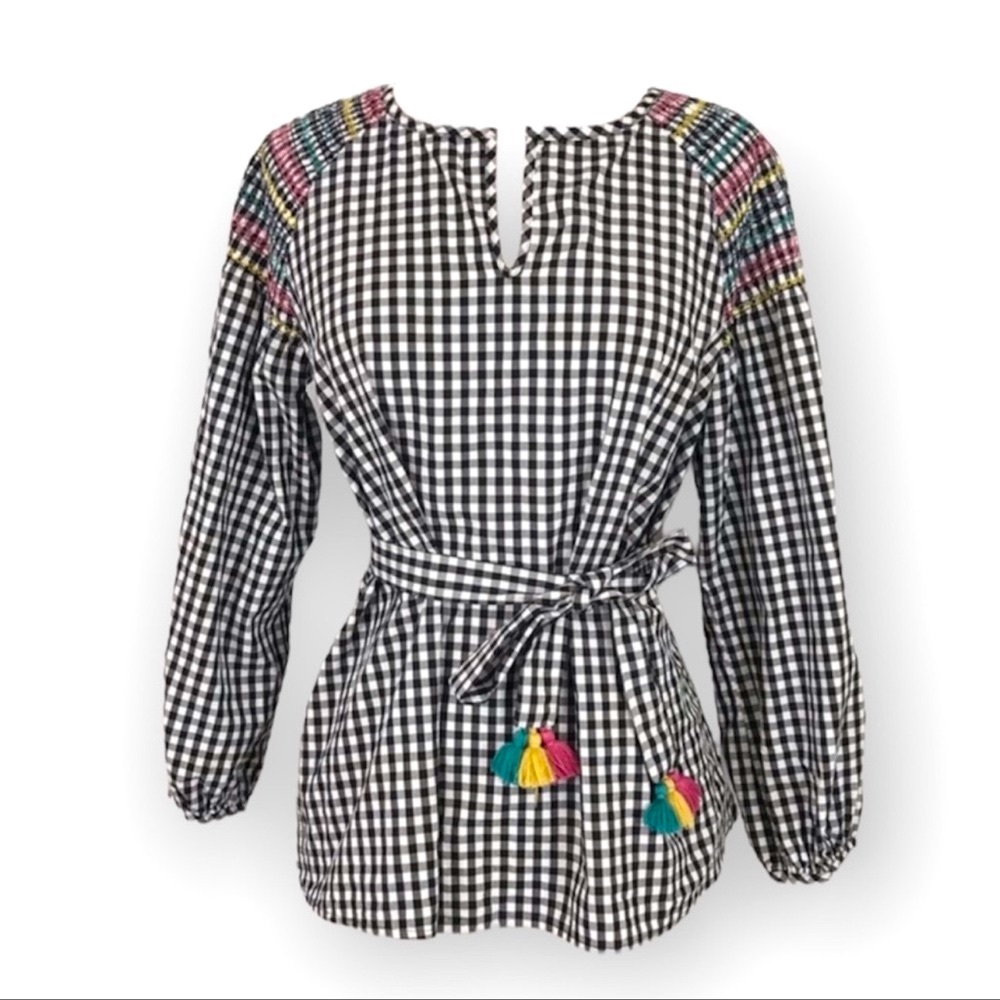 Madewell Smocked Black & White Checkered Gingham Tassel Top with Embroidery S